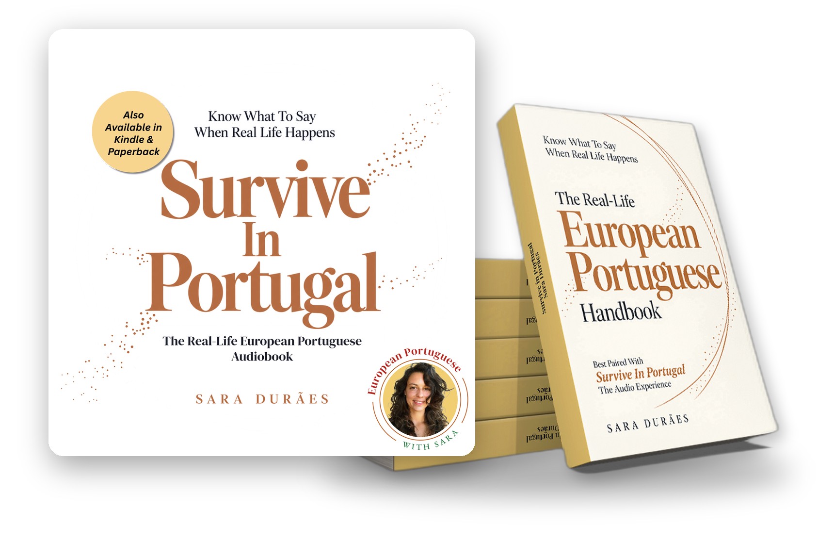 Survive in Portugal audiobook cover in front of the paperback